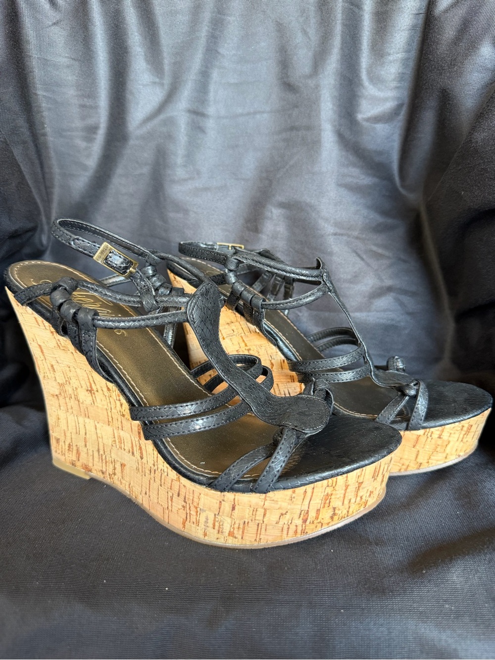 Fergie Size 7.5 Espadrilles Black Strappy Cork Wedge Sandals